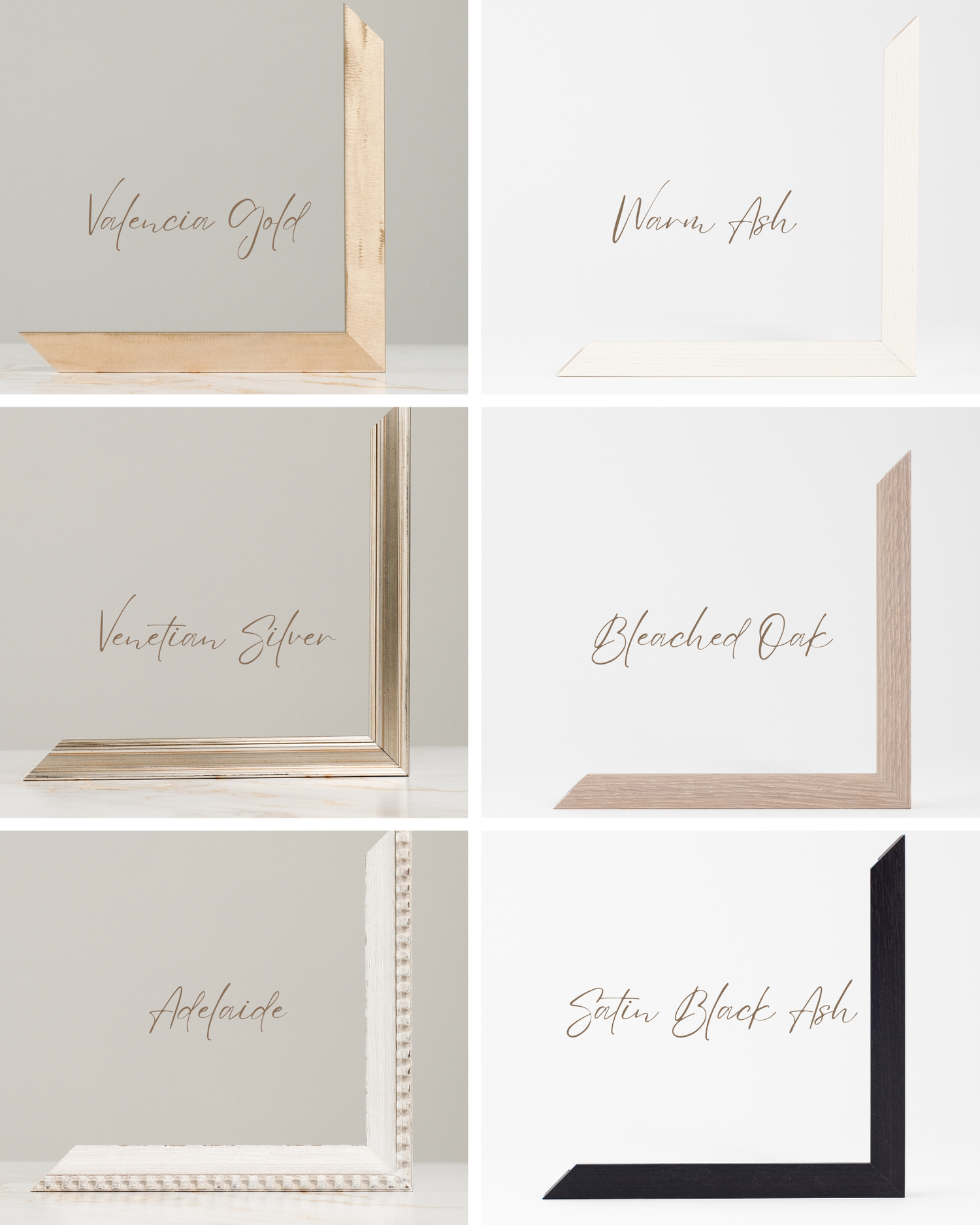 Six picture frame corner samples including Valencia Gold, Warm Ash, Venetian Silver, Bleached Oak, Adelaide, and Satin Black Ash.