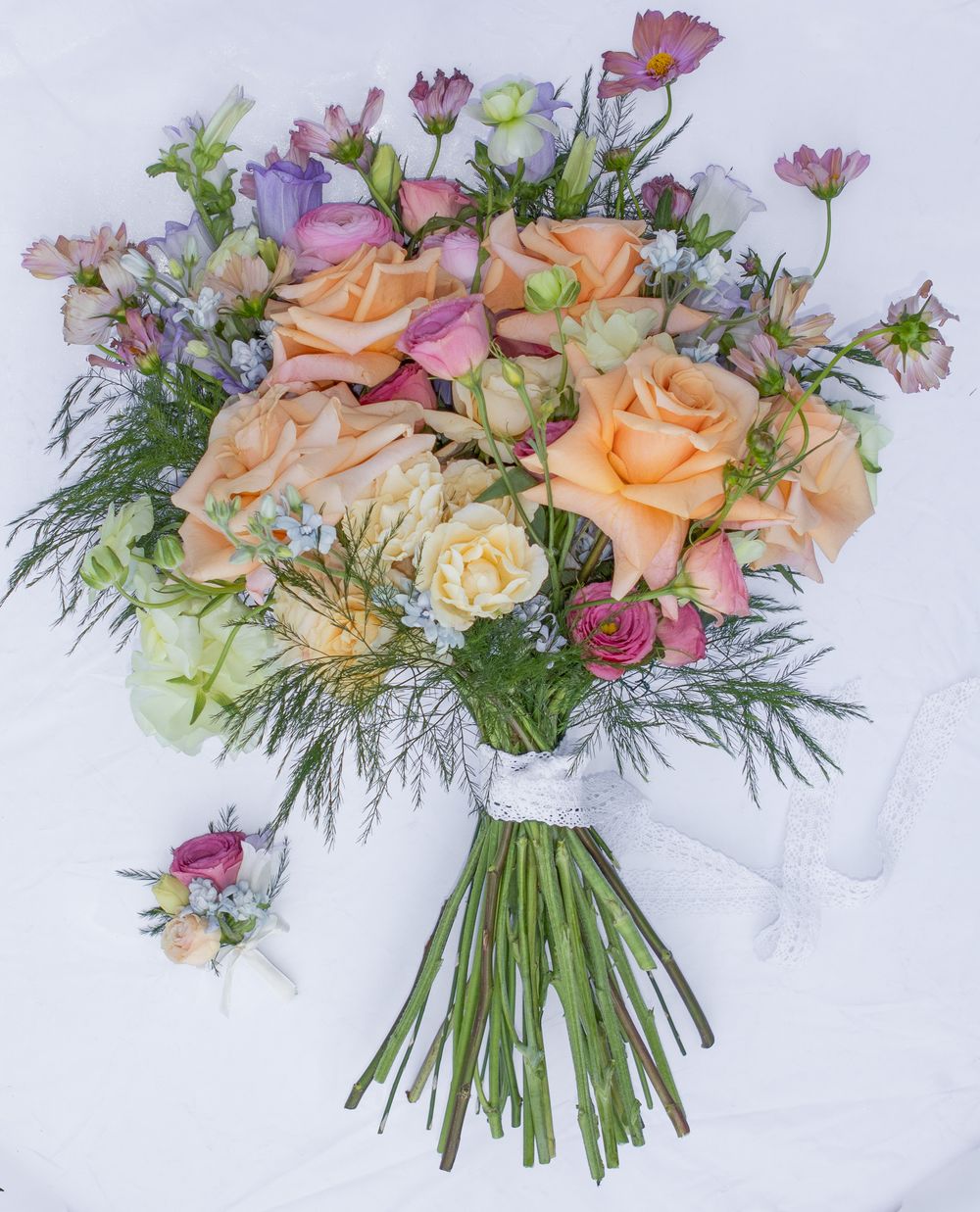Flat lay bridal bouquet in Strongsville.