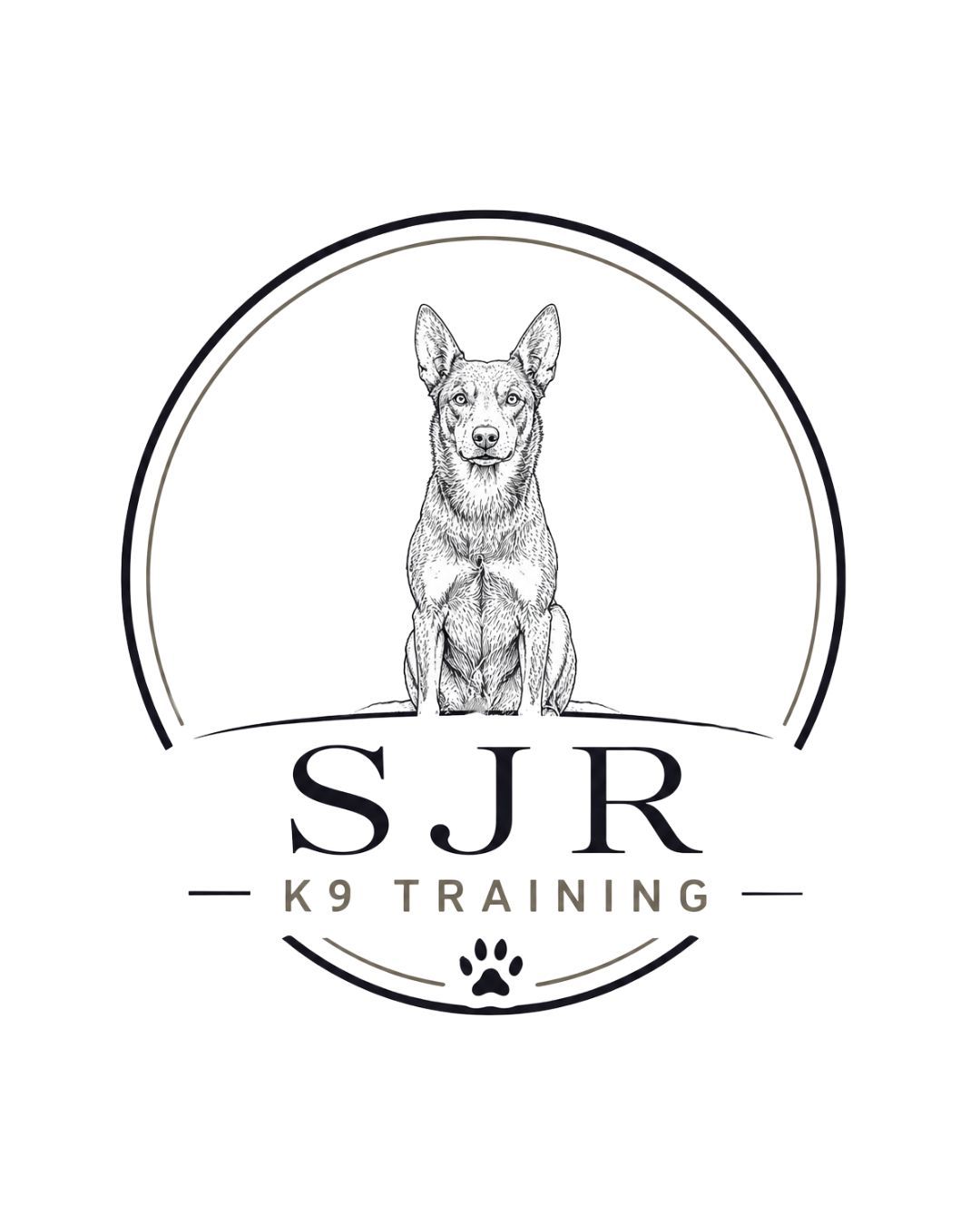 SJR K9 Training logo featuring a detailed sketch of a German Shepherd dog sitting inside a circle with a paw print.