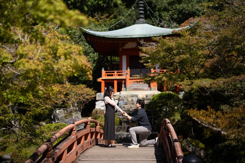 A man kneels on a wooden arched bridge proposing to a woman in a dark dress, with a red Japanese pagoda and autumn trees behind them.