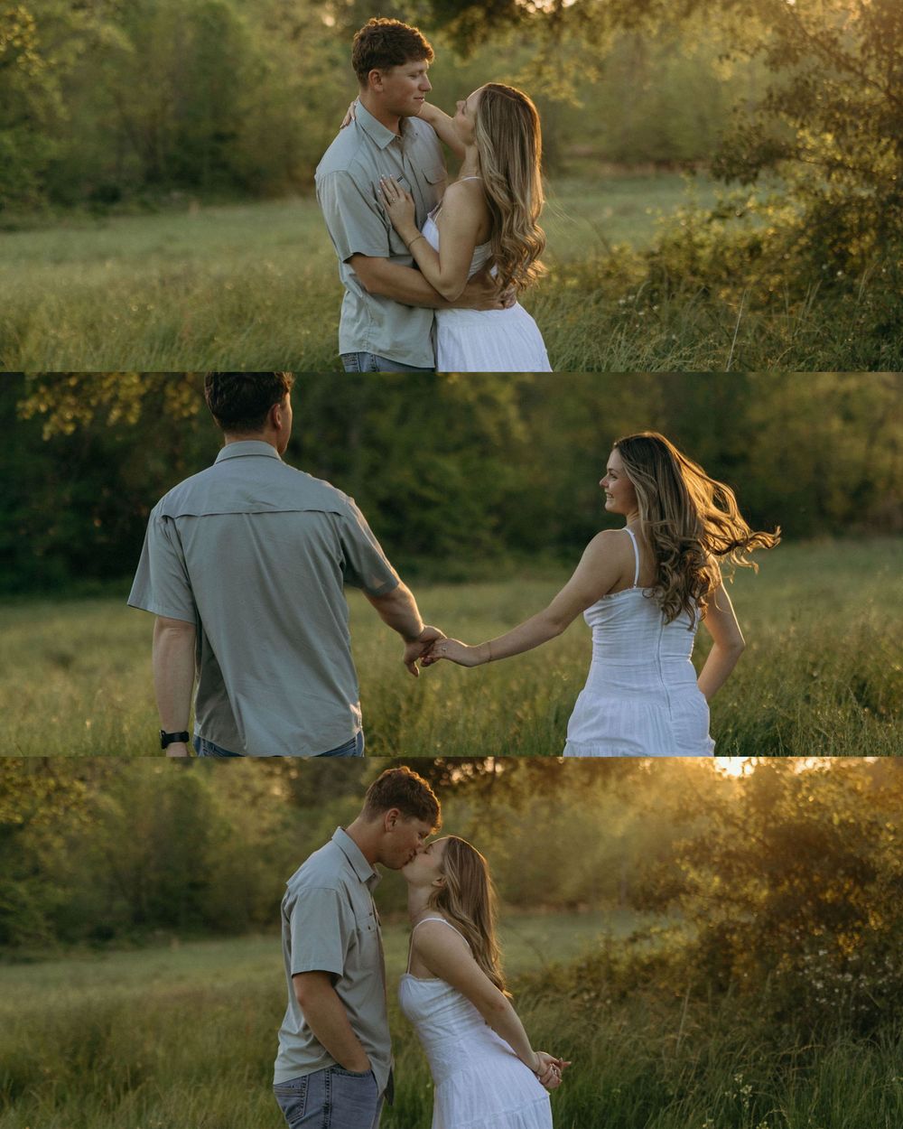 Cinematic moment of a couple frolicking through the open fields during their engagement session in Atlanta, Georgia.
