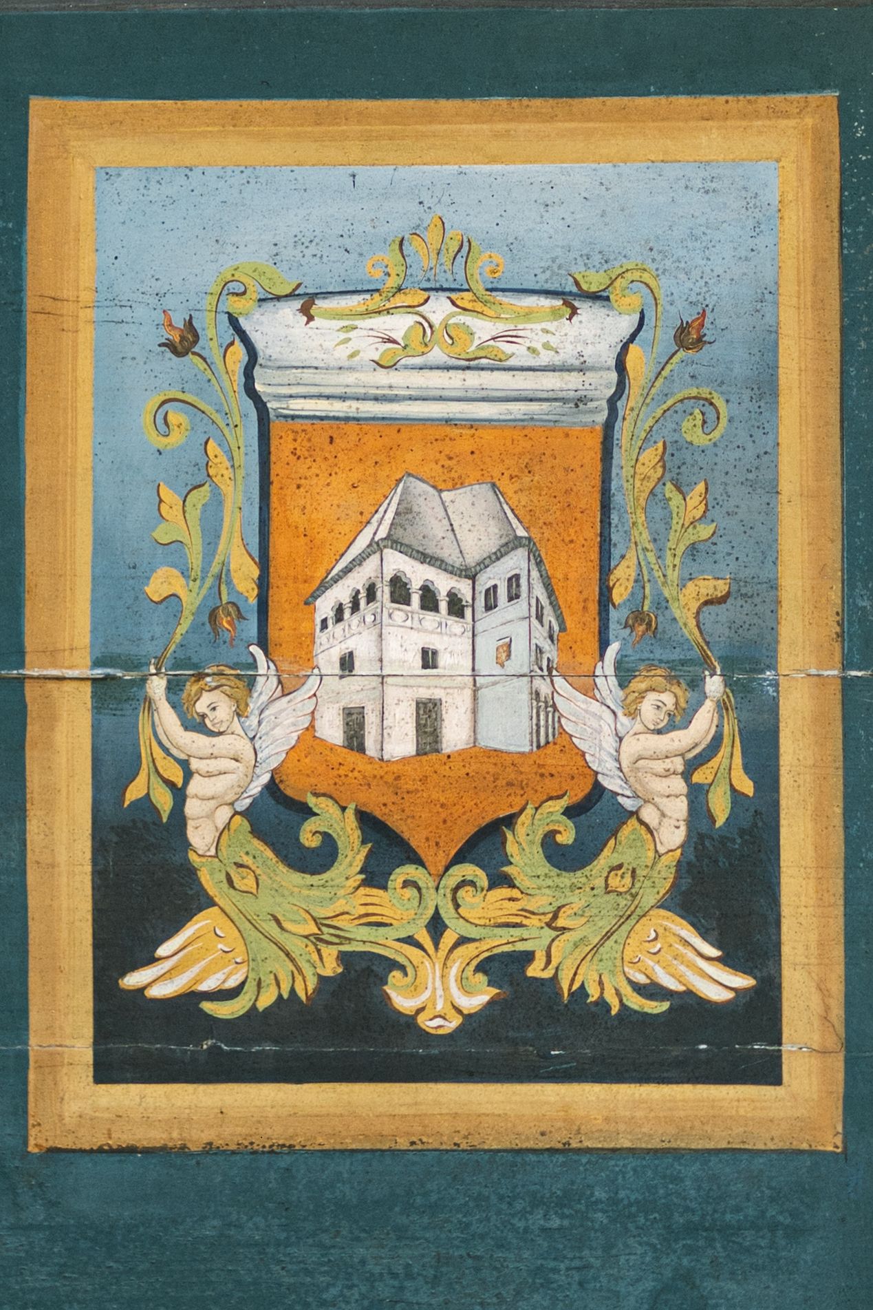 Ornate heraldic coat of arms featuring a white castle on orange shield, flanked by cherubs and decorative scrollwork.