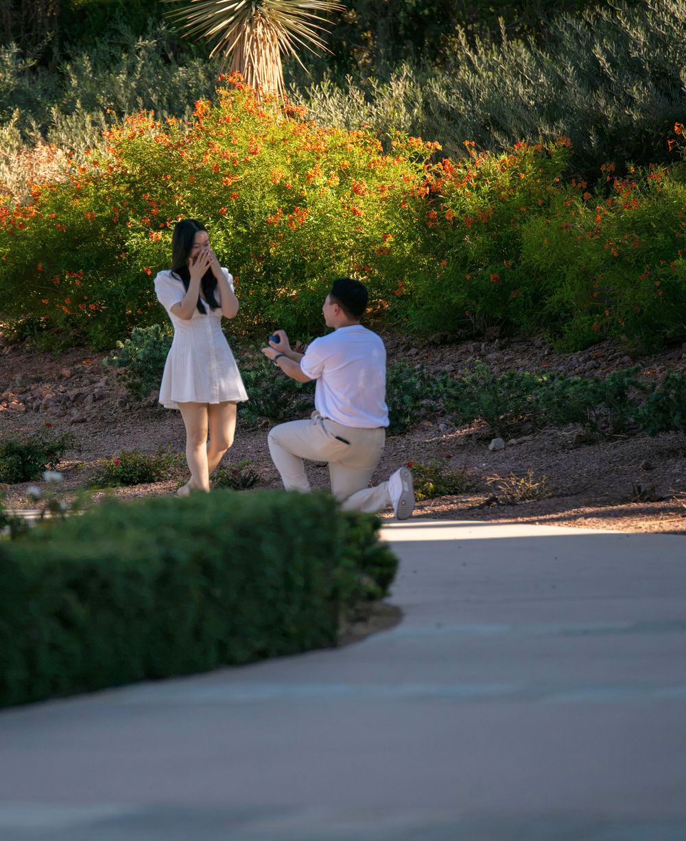 Woman in a white dress covers her mouth in surprise as a man kneels with a ring during a garden marriage proposal.