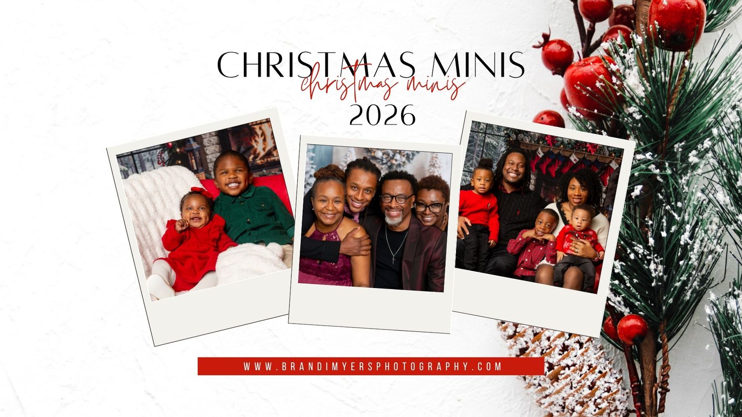 Christmas Minis photography banner showing two festive family portraits with red and green outfits beside a decorated holiday tree.