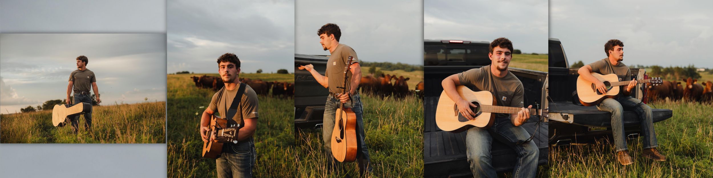 Young male musician poses with acoustic guitar in golden hour sunlight among green fields and grazing cattle.