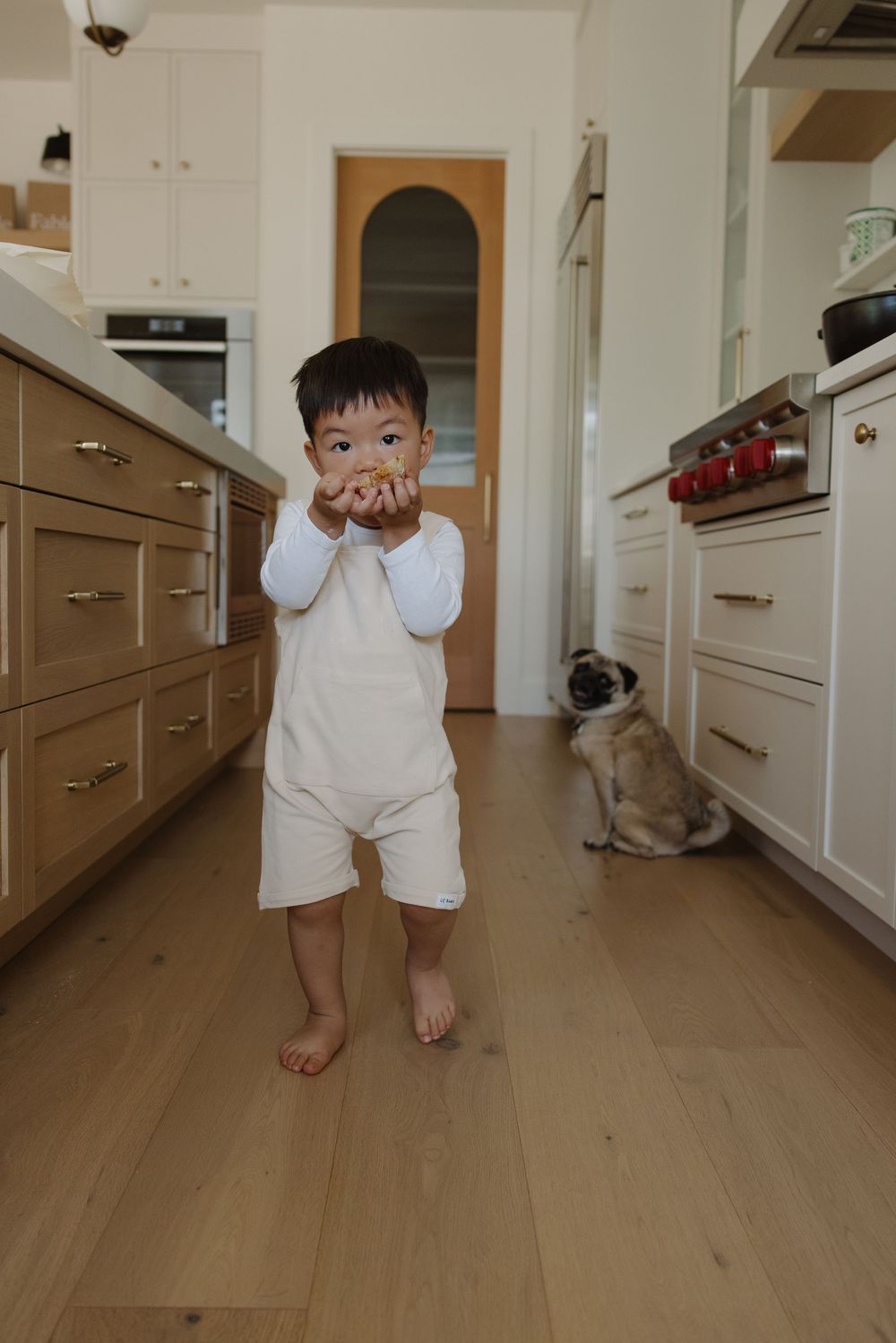 Toddler in white romper eating snack barefoot in modern kitchen with pug dog sitting near stove.