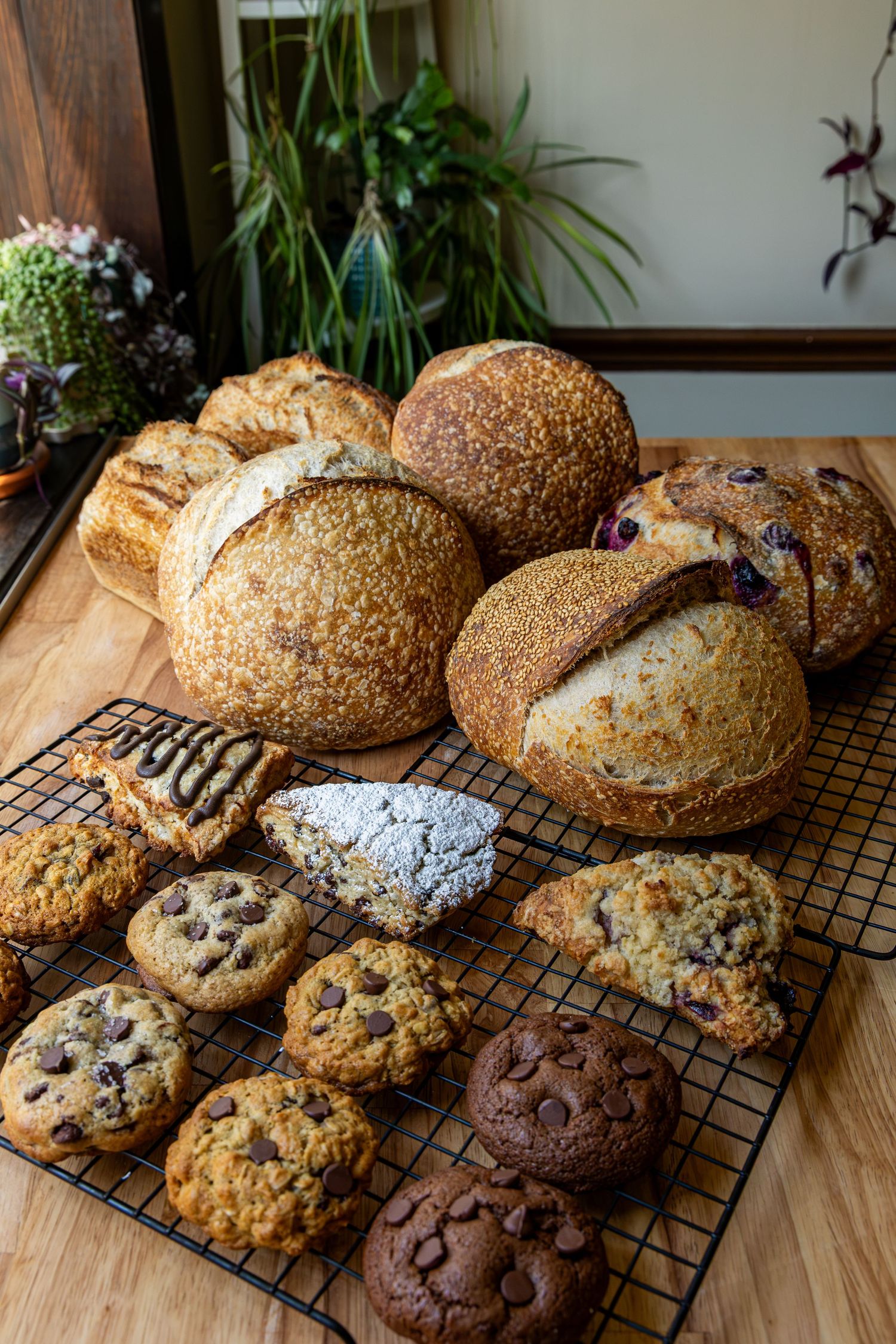 Assorted artisan sourdough bread loaves and chocolate chip cookies displayed on a cooling rack on a wooden table.