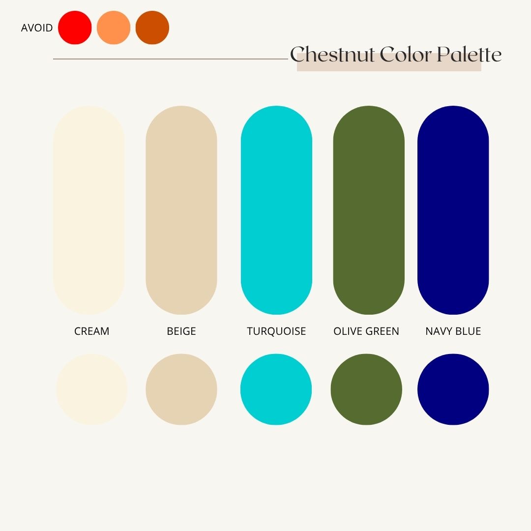 Color palette featuring cream, beige, turquoise, olive green and navy blue swatches arranged in a repeating pattern.