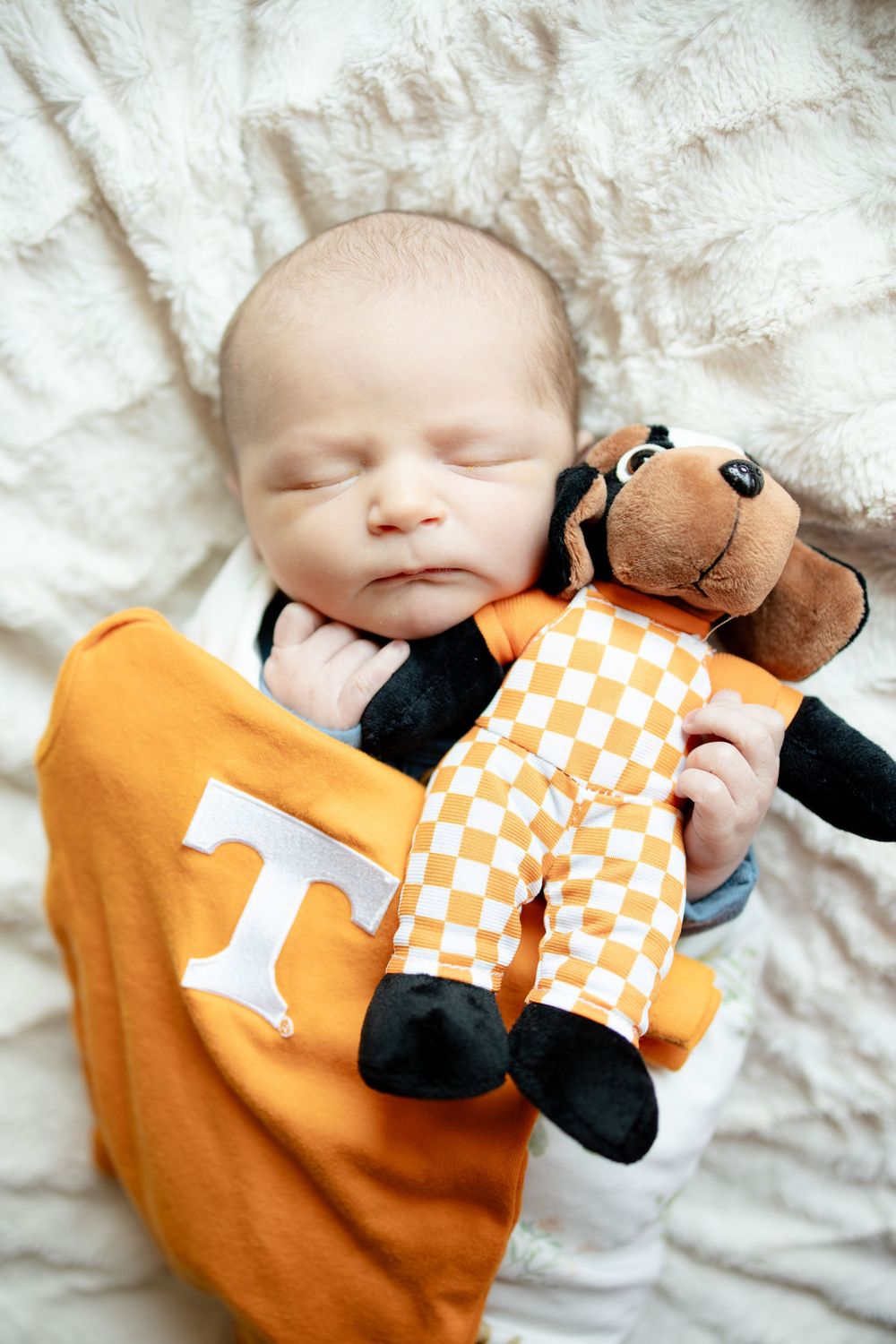 Sleeping newborn baby wrapped in orange Tennessee Volunteers blanket cuddling a Smokey mascot stuffed animal plush toy at University of TN
