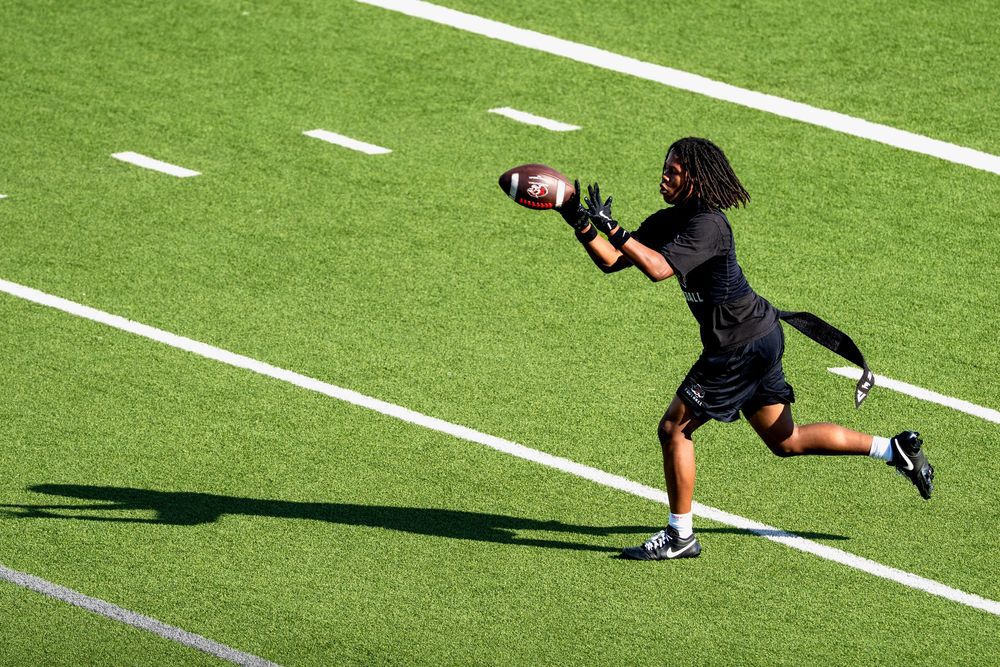 Football player in black uniform makes a spectacular catch on a green turf field.