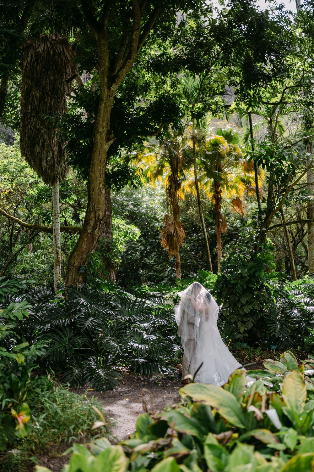 Bride in white gown and veil walks along a lush tropical garden path surrounded by palm trees and dense greenery.