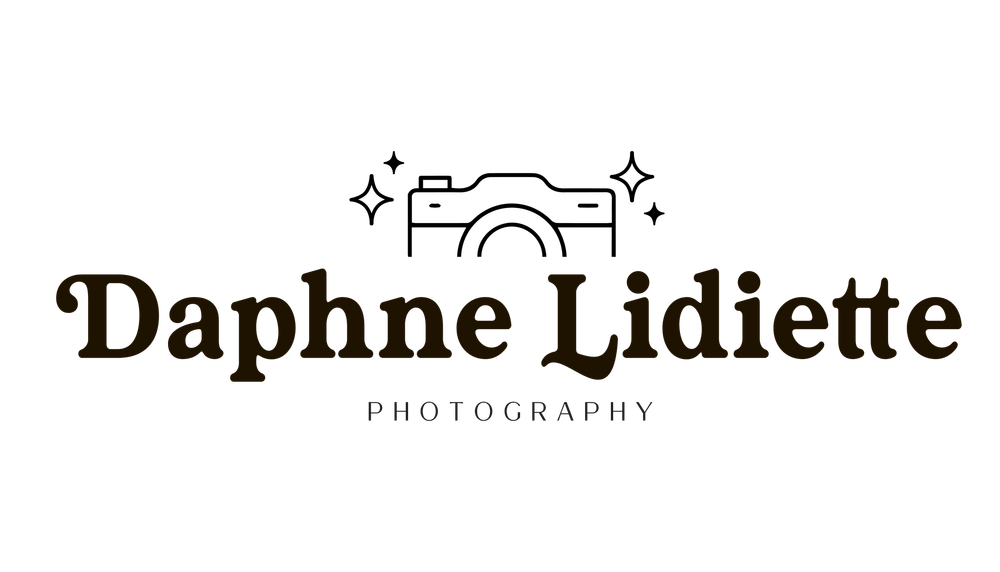 Daphne Lidiette Photography logo with vintage camera illustration and sparkle accents.