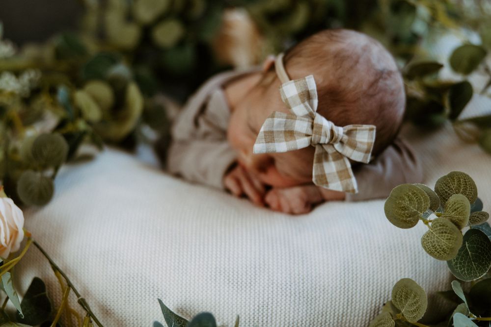 Baby girl in gingham dress and bow headband lovingly holds sleeping newborn sibling near bright window.