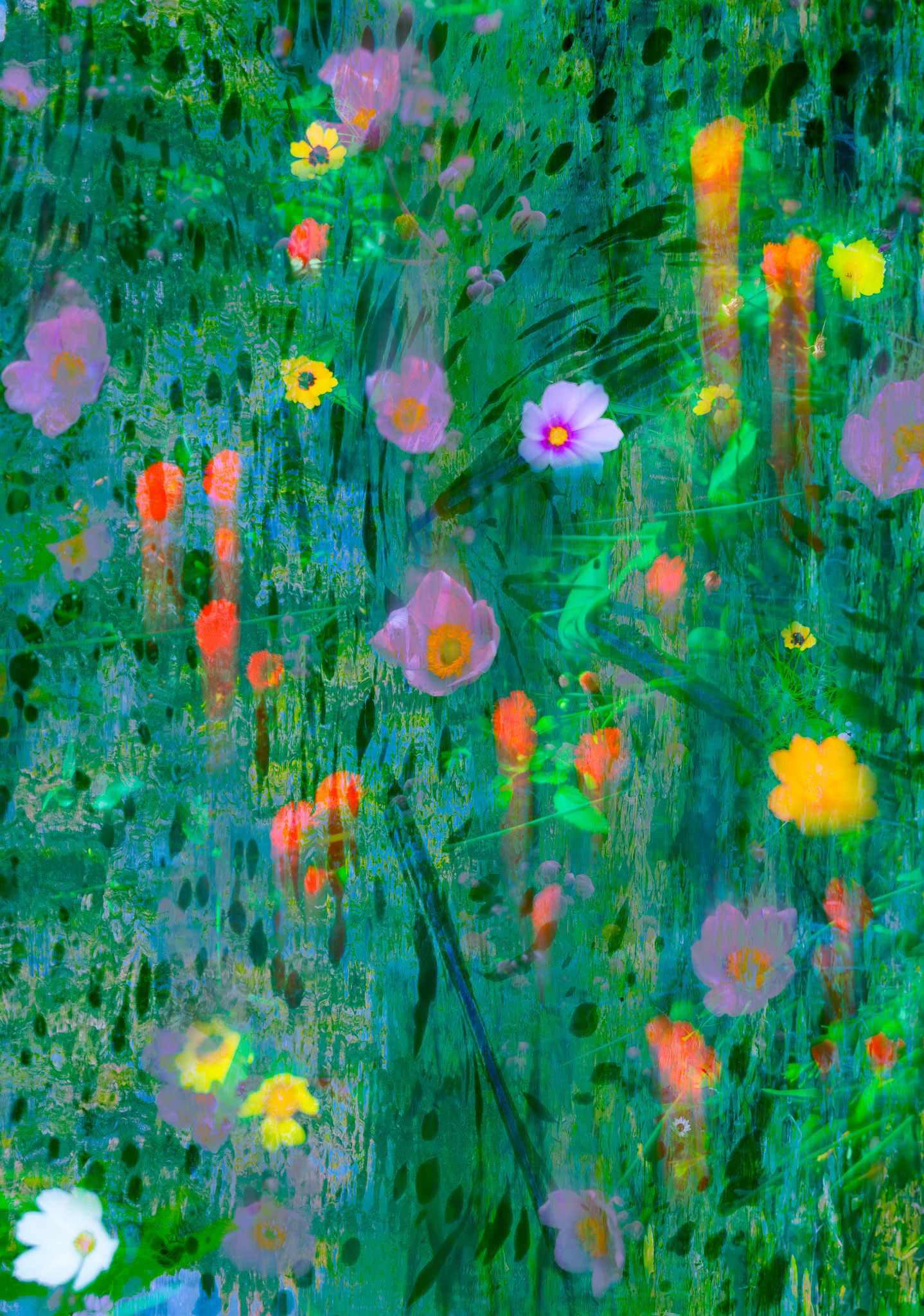 Colorful abstract floral painting featuring pink, orange, yellow, and white flowers on a deep green background.
