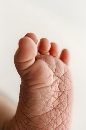 Close-up of a newborn baby's tiny foot showing delicate skin texture and small toes against a white background.