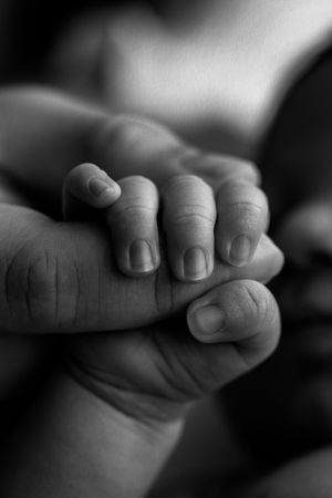 Black and white close-up of a newborn baby's tiny hand gently gripping an adult's finger.
