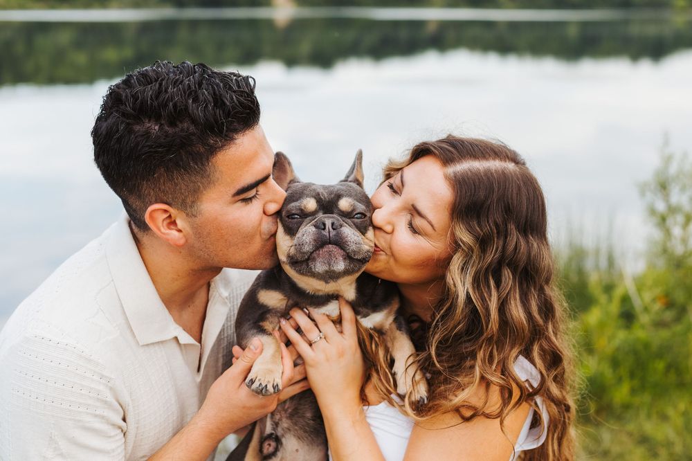 A couple kisses their French Bulldog outdoors near a lake, sharing a sweet moment with their pet.