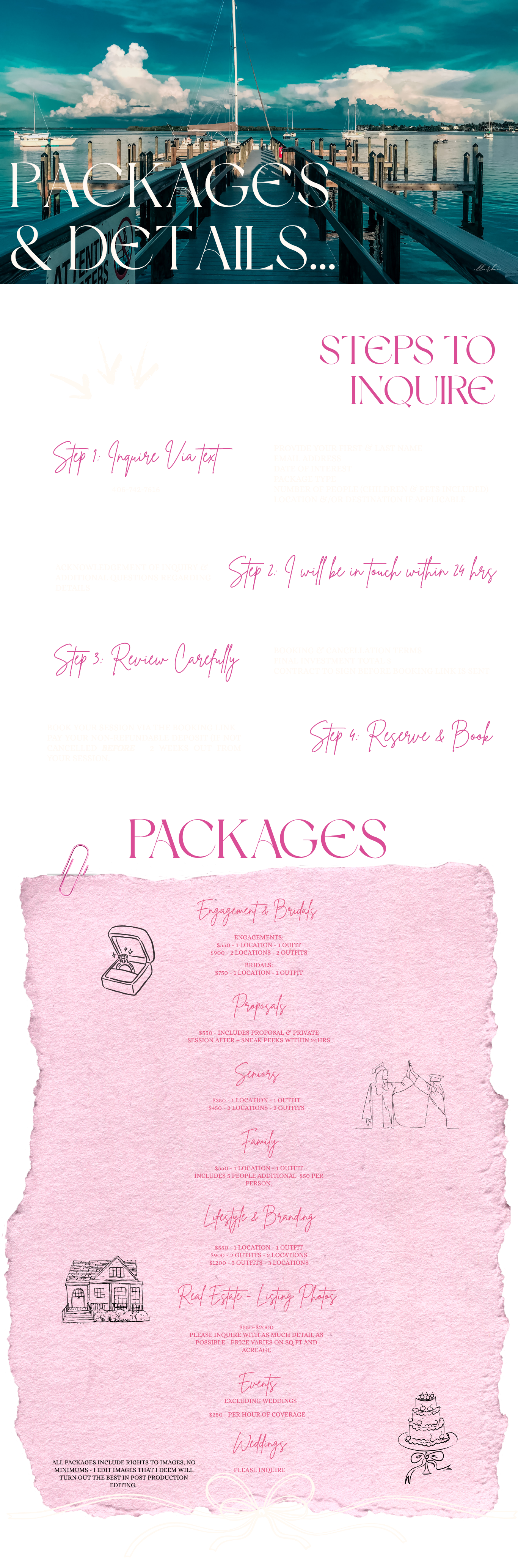 Photography packages and pricing guide with marina background and pink handwritten typography details.