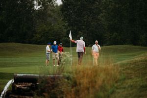 Four golfers standing near a flag on a lush green golf course surrounded by trees.