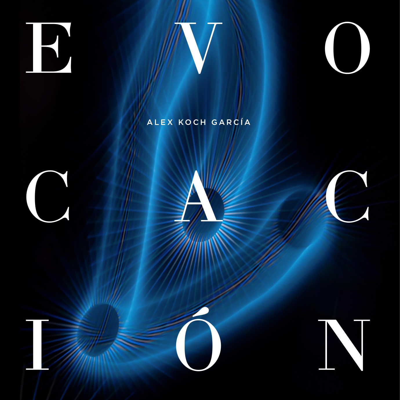 Dark elegant book cover for Evocacion by Alex Koch Garcia with glowing blue light wave design.