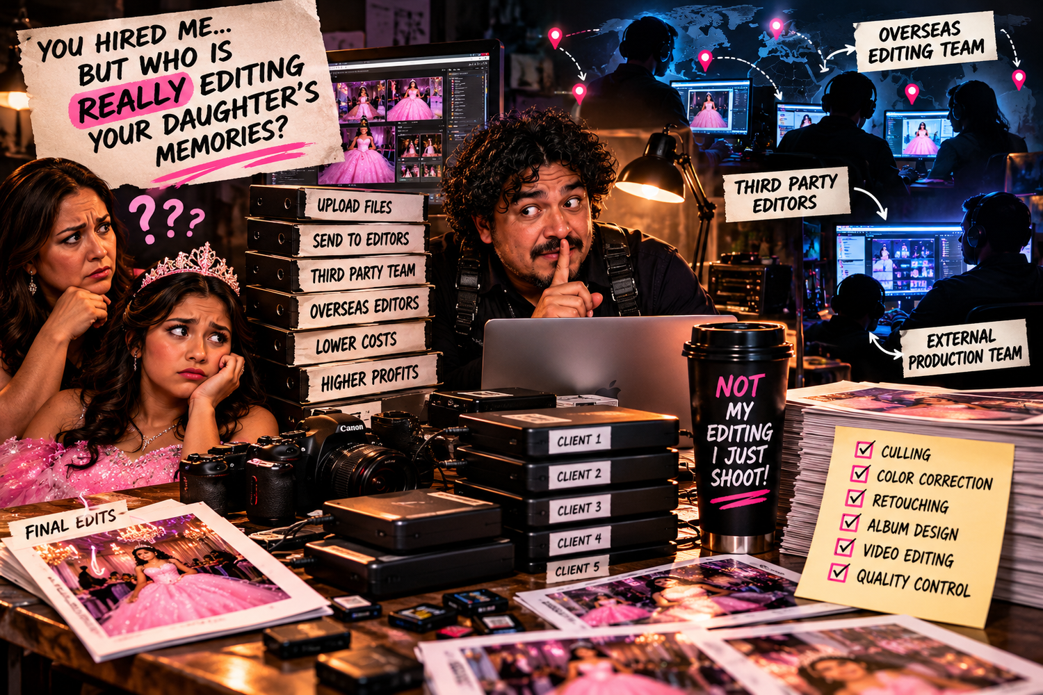 Quinceañera photographer outsourcing guide for DFW families asking: who edits, retouches, stores, and delivers their daughter's memories.