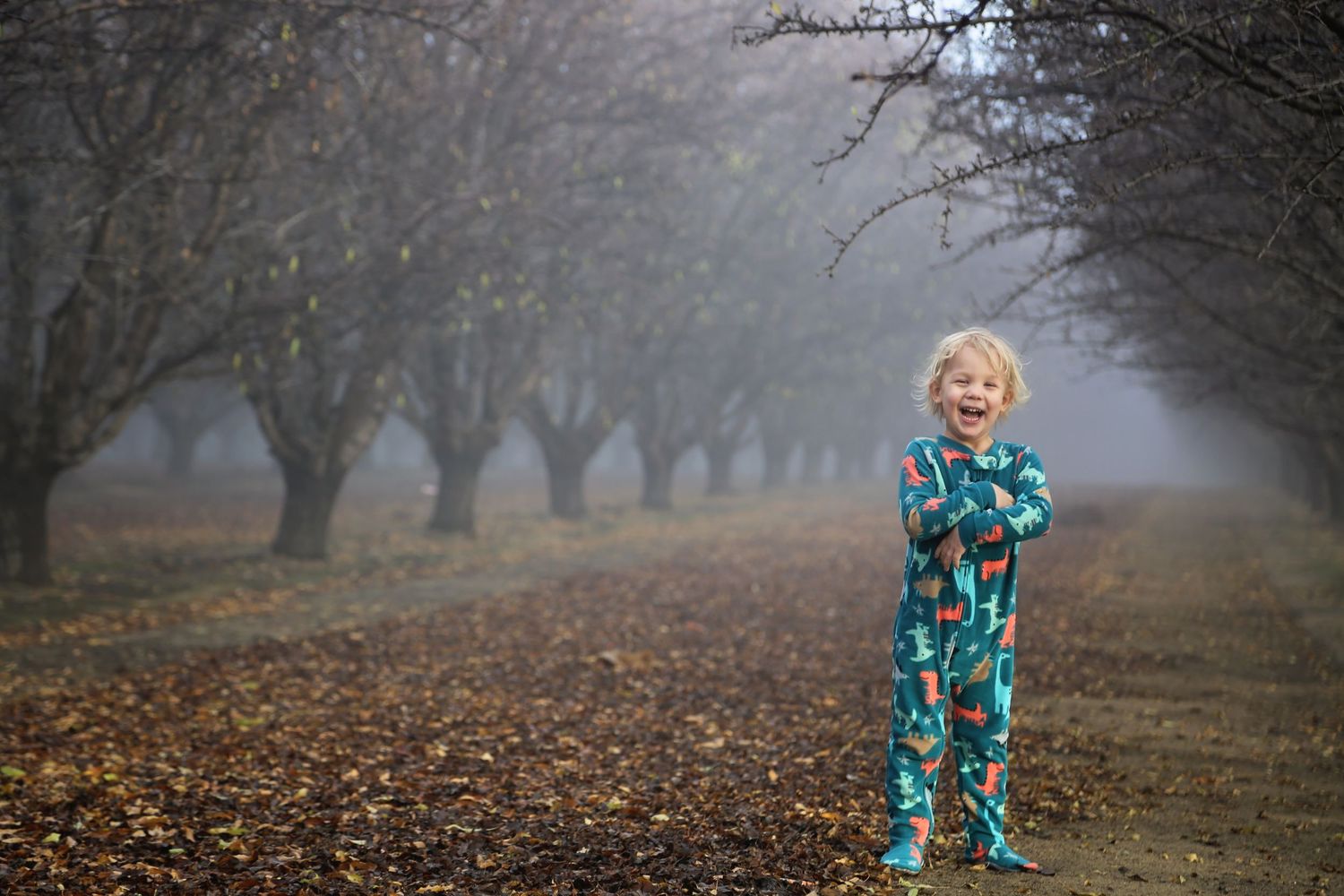 A laughing toddler in colorful pajamas stands on a leaf-covered path in a foggy orchard on a misty autumn morning.