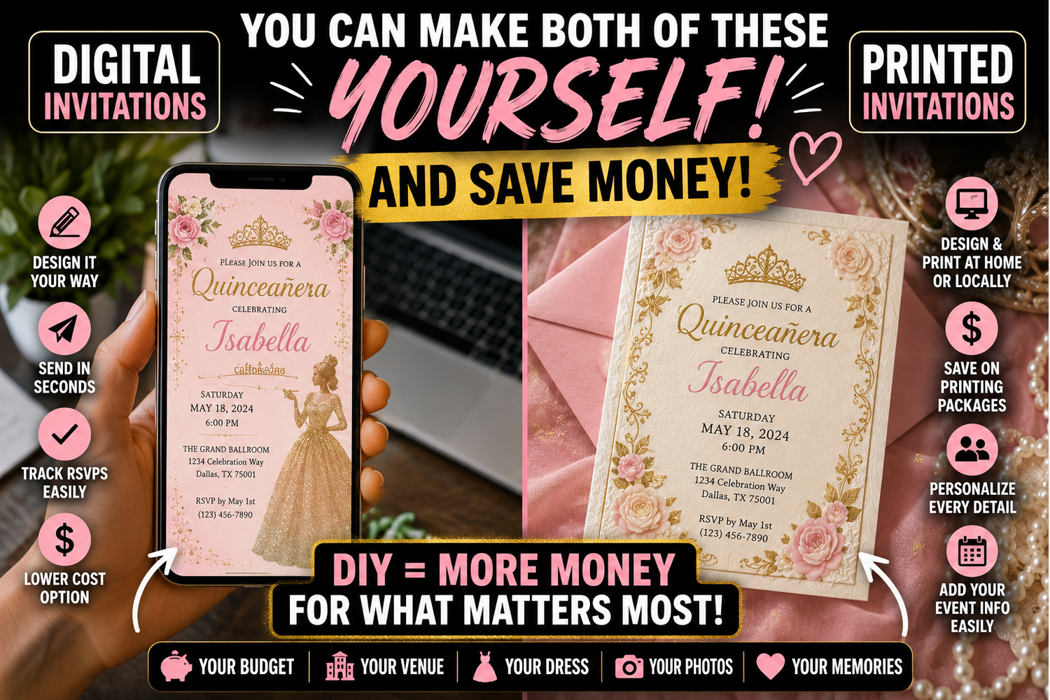 Hands mailing quinceañera invitations at the post office after creating DIY quince invitations with Canva quince invitation designs today