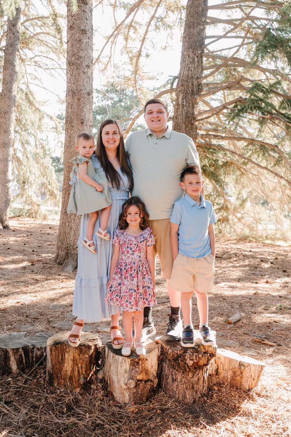 Family of five posing on tree stumps in a pine forest, wearing coordinated pastel outfits for a outdoor portrait.