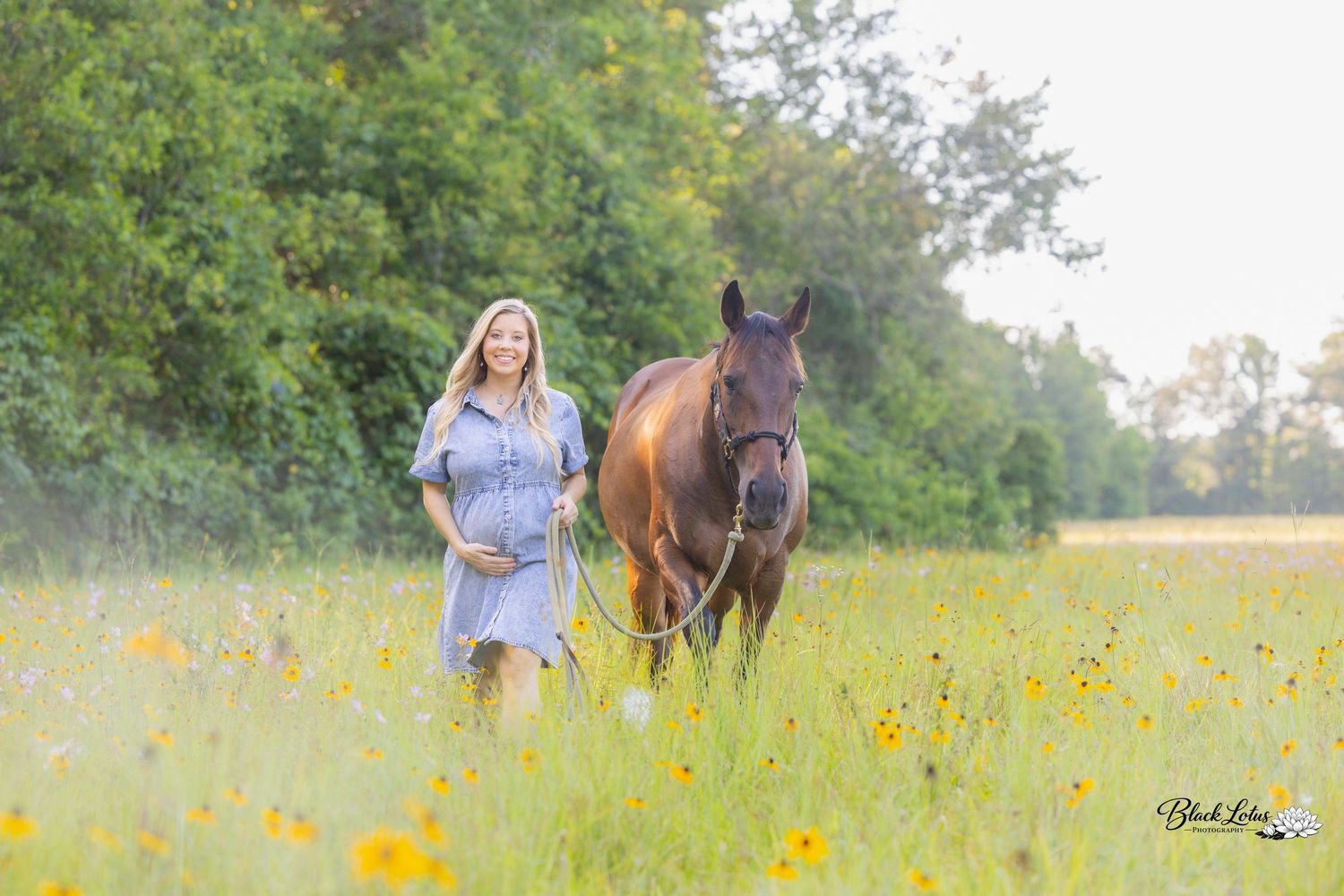 Pregnant woman in blue dress walks with brown horse through sunny wildflower field during outdoor maternity photo session.