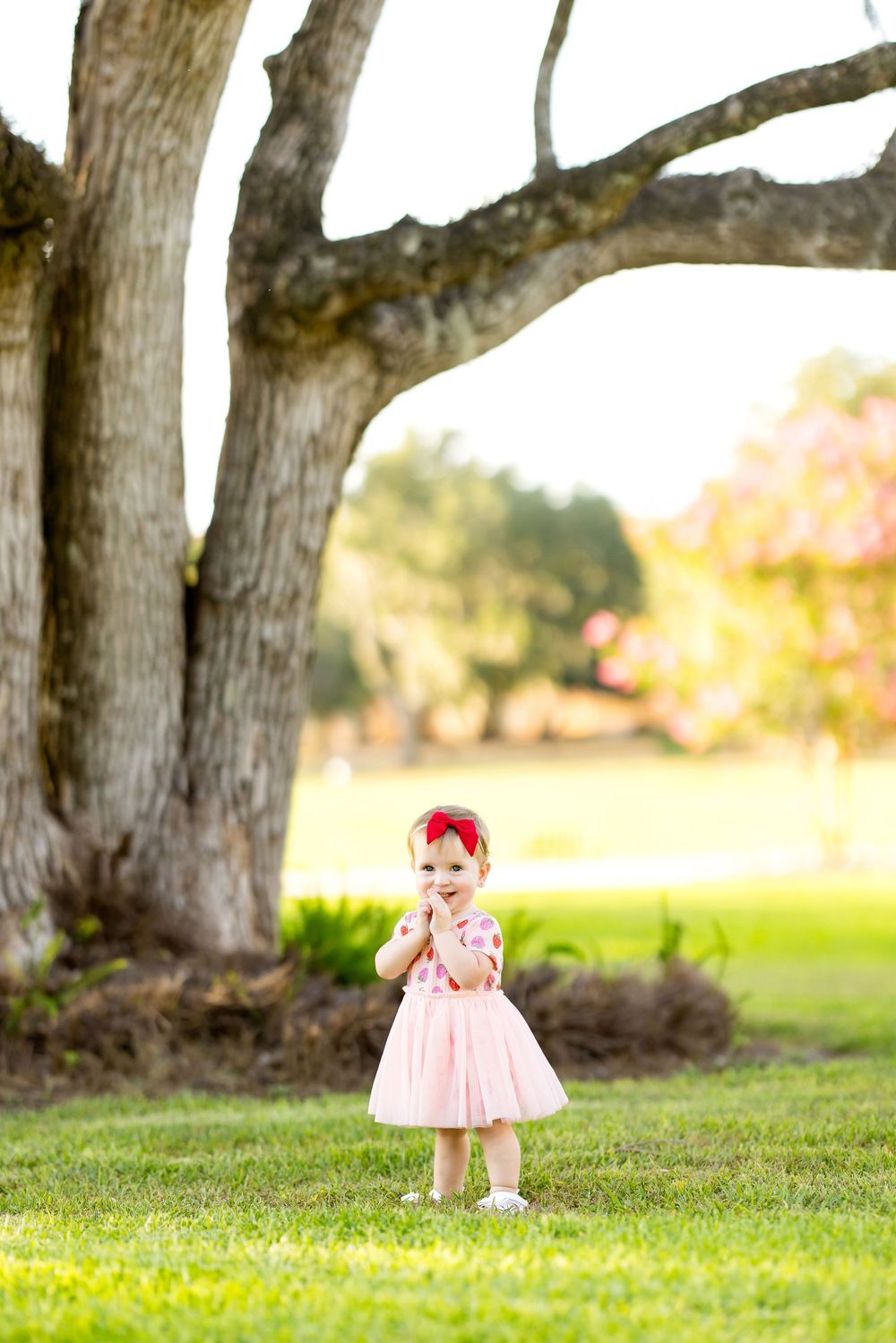 Toddler girl in pink dress and red bow stands on green grass under a large oak tree in a sunny park.