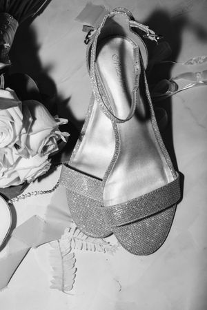 A sparkly silver ankle-strap sandal with a low heel sits beside white fabric in a black and white photograph.