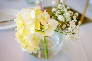 Delicate yellow roses and white baby's breath flowers arranged in small glass bud vases against a soft blurred background.