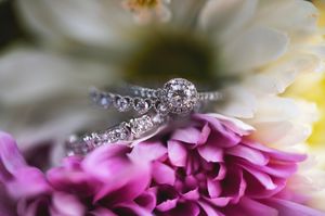 A close-up macro shot of a diamond engagement ring resting on pink and white flower petals with water droplets.