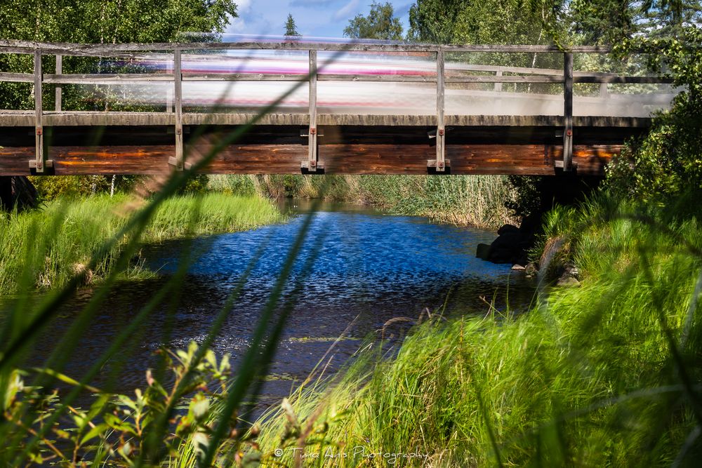 A train crosses a rustic bridge over a calm blue river surrounded by lush green vegetation on a sunny day.