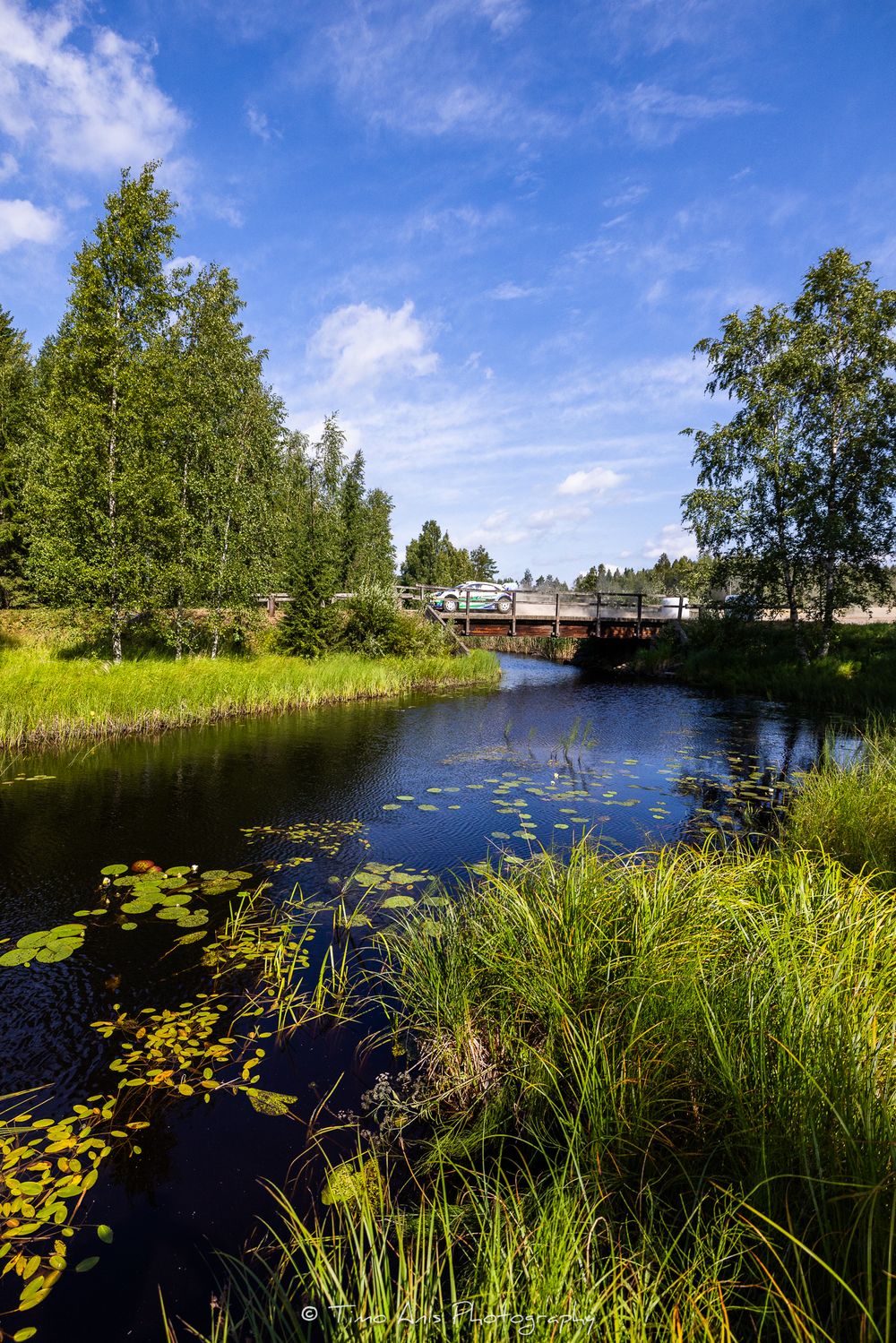 Serene river with lily pads, lush green trees, and a bridge with a truck crossing under a bright blue sky.