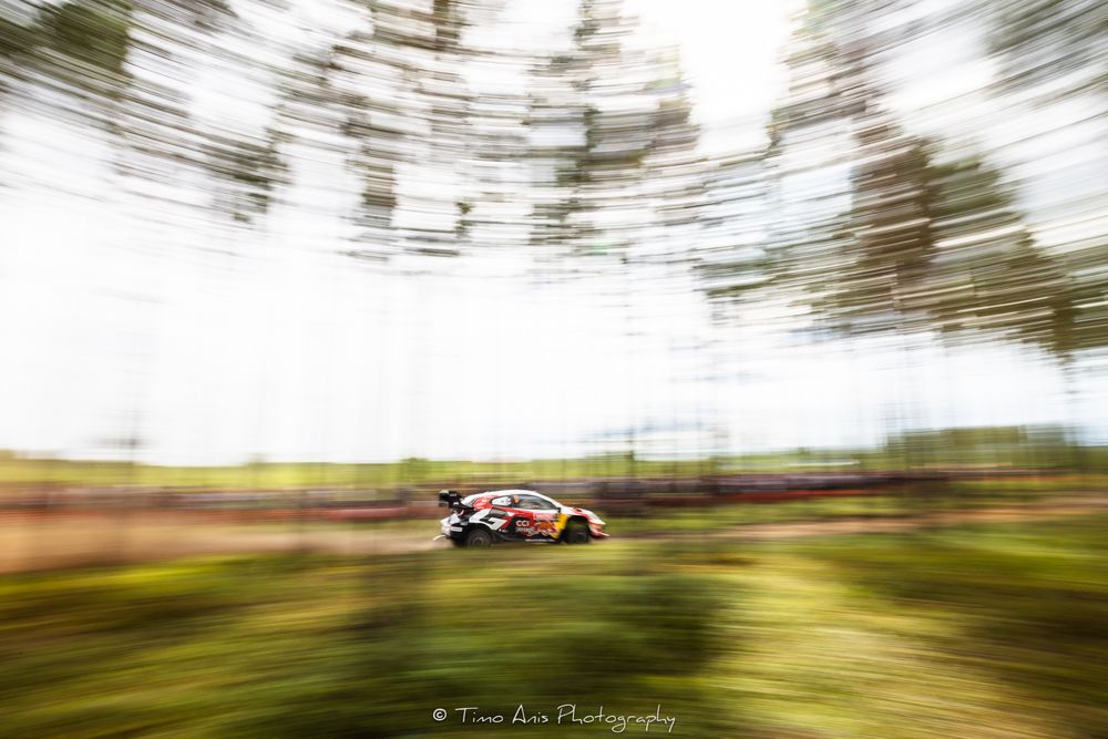 A rally car speeds through a forest stage, captured with motion blur emphasizing its high-speed performance on a rally course.
