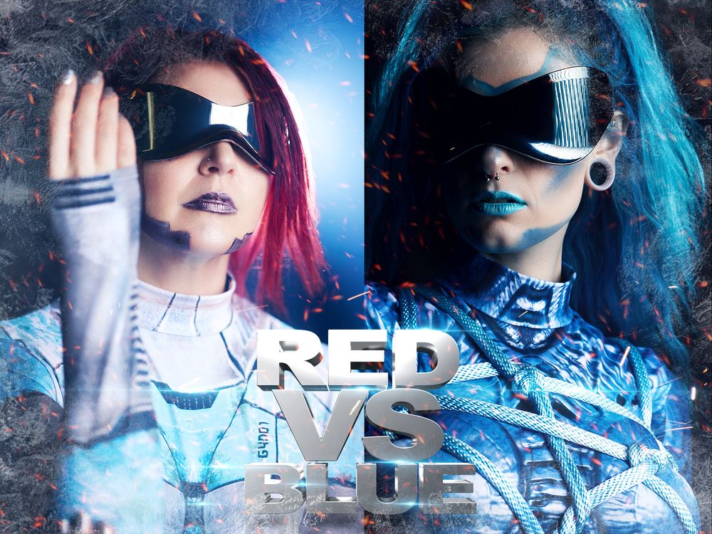 Two women in futuristic silver armor and visors face off in a Red vs Blue sci-fi themed promotional image.