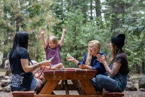 Four people enjoying a picnic at a wooden table in a forest campsite, with a child raising arms in excitement.