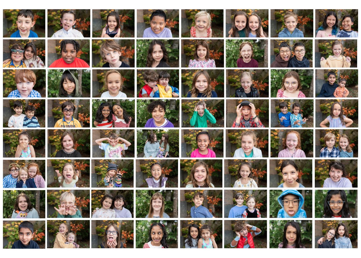 A photo collage grid showing multiple candid portraits of children in casual settings with various expressions and poses.