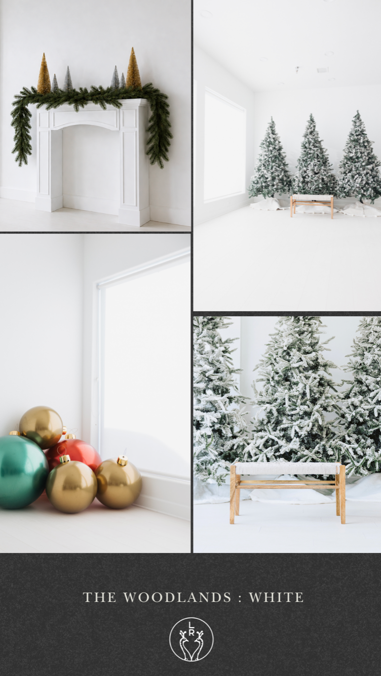 White Christmas studio collage featuring snowy flocked trees, festive ornaments, and a decorated fireplace mantel.