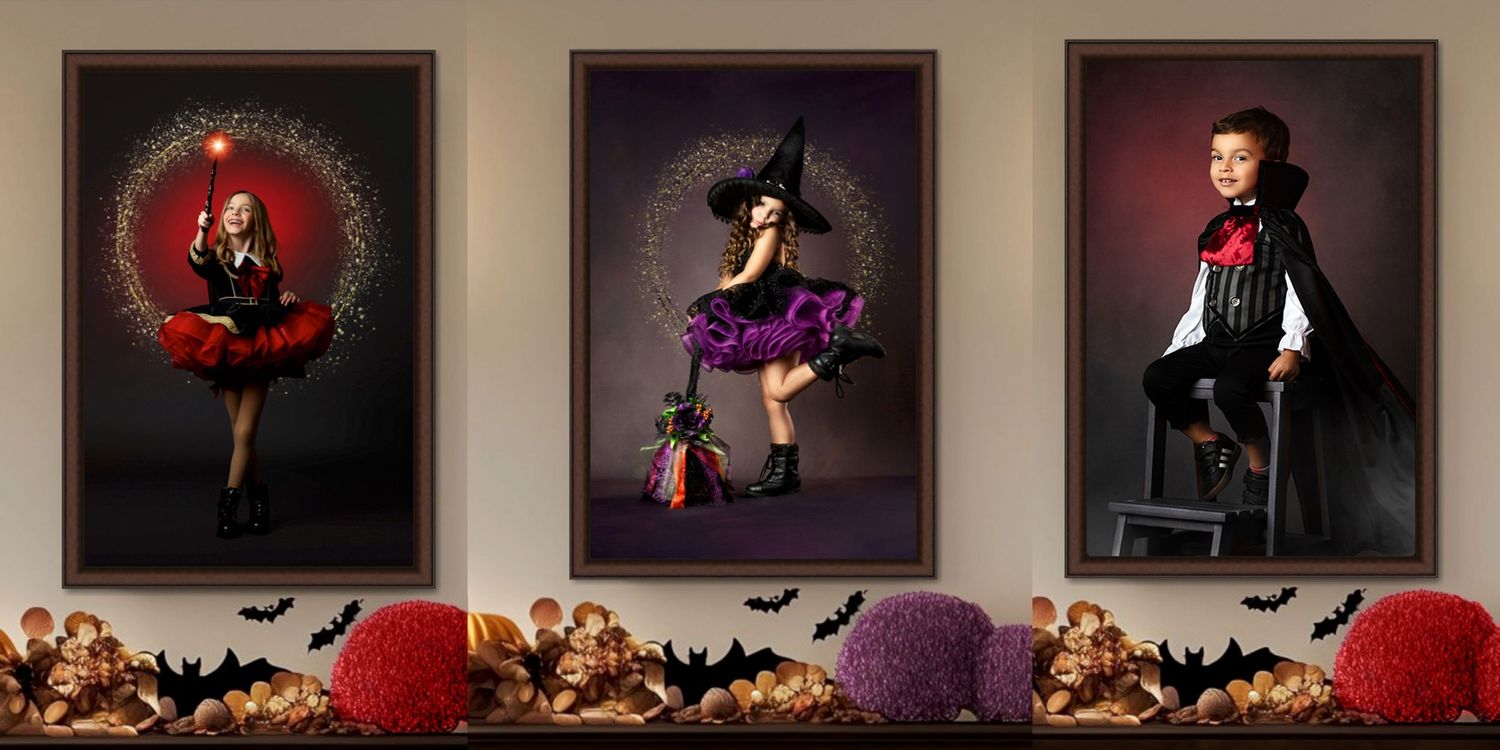 Three children in Halloween costumes posed in framed portraits with bats and autumn decorations below.