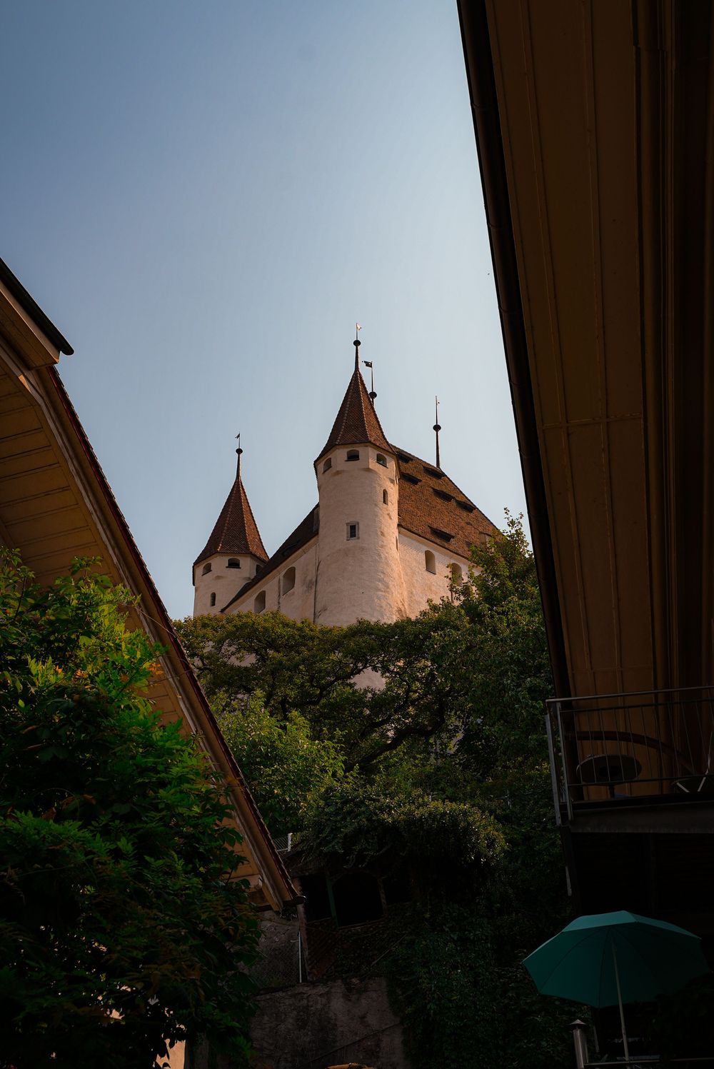 Medieval castle with white towers and brown spired rooftops rising above lush green trees against a clear blue sky.