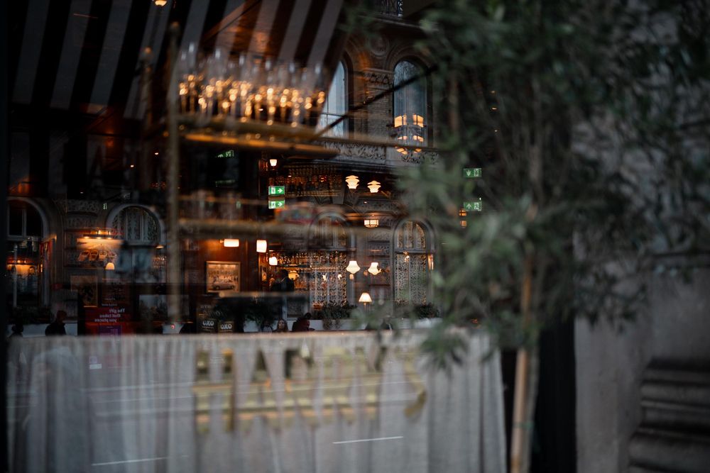 Cozy dimly lit restaurant bar interior viewed through glass, featuring warm Edison bulb lighting and lush greenery.