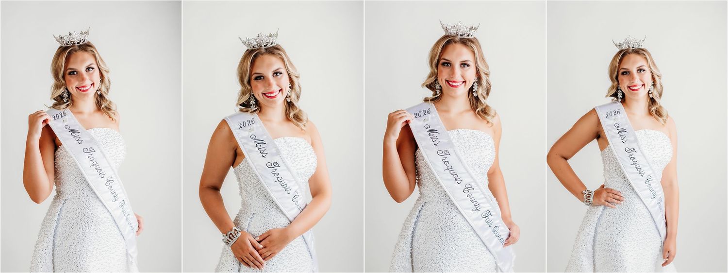 Young woman in white pageant gown wearing crown and sash poses gracefully in four elegant portrait shots.