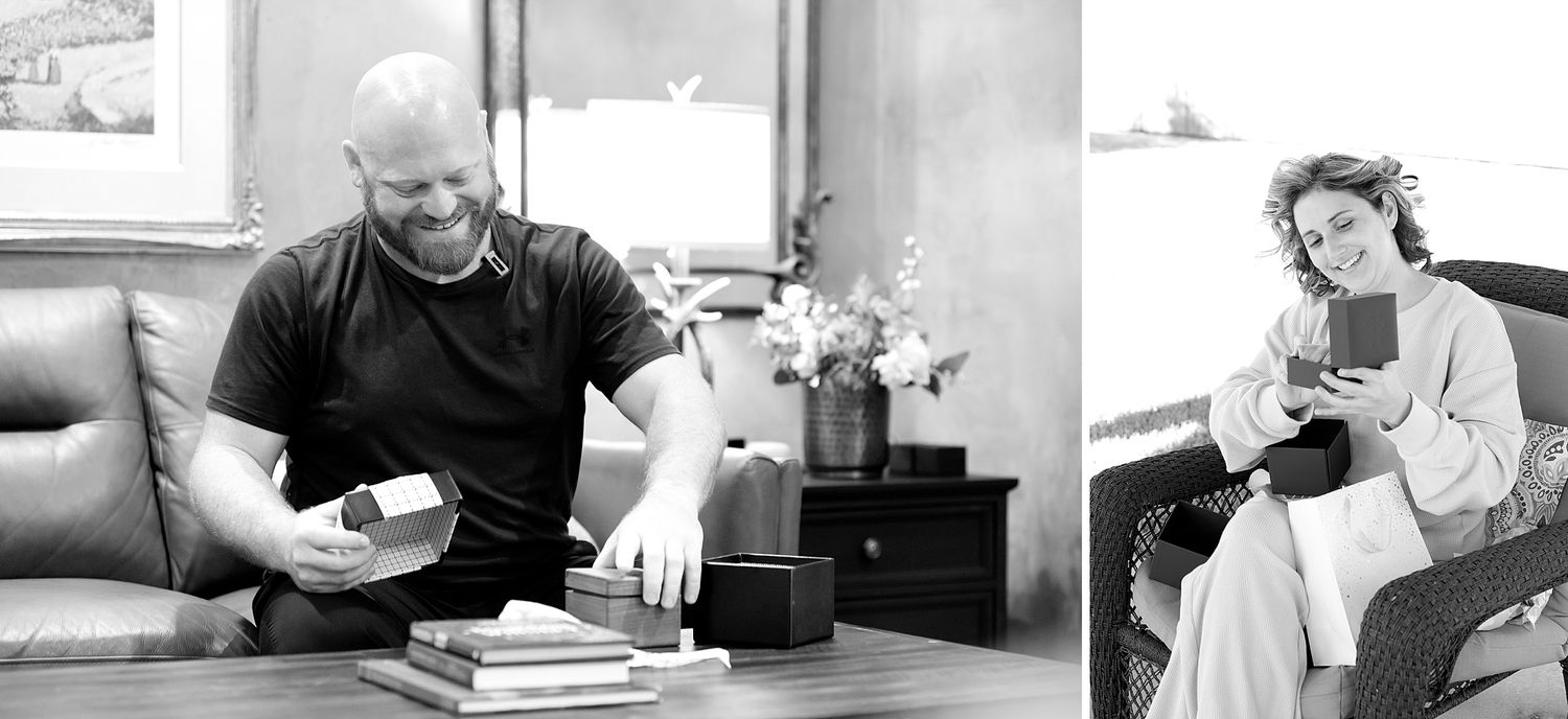 Black and white diptych of a man opening a gift box and a woman reading a book while seated in cozy chairs.