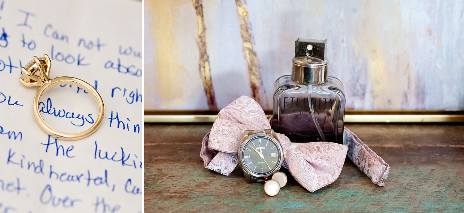 Gold ring with Always engraved on handwritten love letter note, beside vintage watch, cologne, and pink bow tie wedding flat lay.