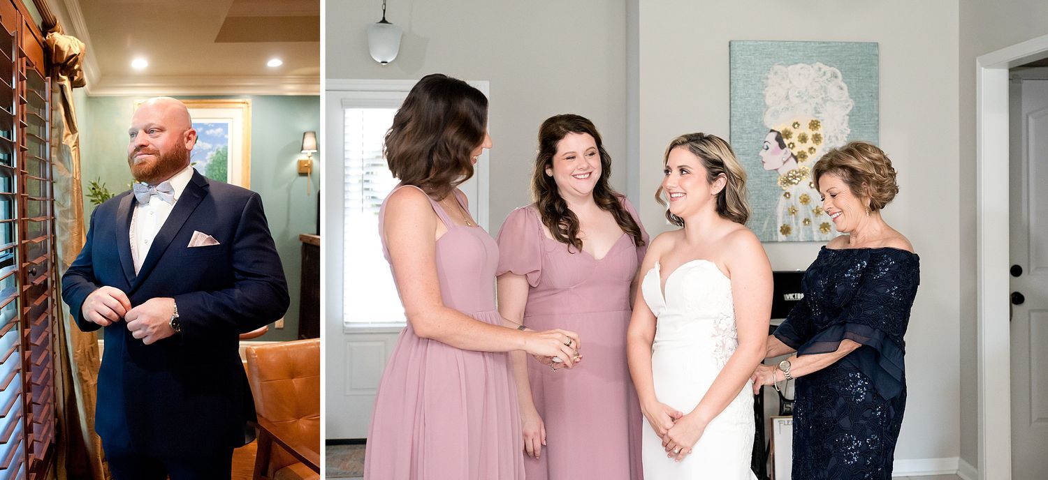 Groom buttoning suit jacket while bride shares a joyful moment with bridesmaids and mother in elegant wedding preparation photos.