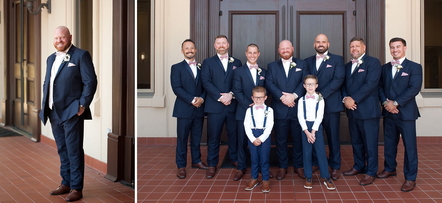 Groom in navy suit poses alone, then with groomsmen and ring bearer in matching navy suits with white boutonnieres.