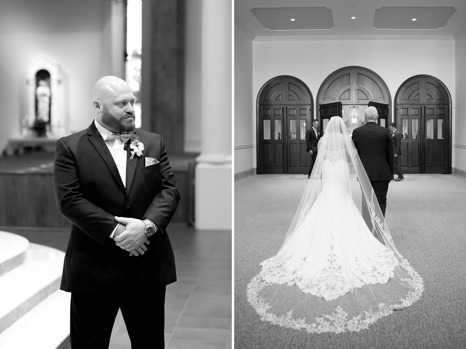 Black and white wedding photos showing groom at altar and bride with father preparing to walk down the aisle.