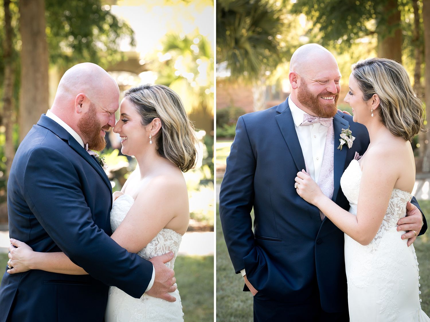 Bride and groom share a romantic outdoor moment, smiling together in wedding attire among lush greenery.